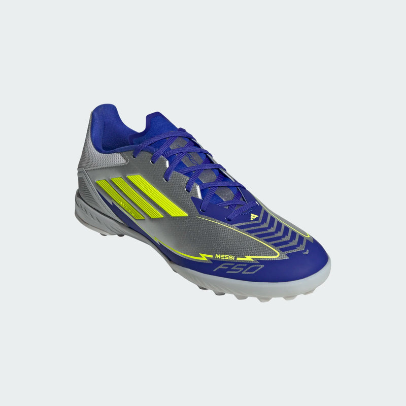 Load image into Gallery viewer, adidas F50 League Messi Turf Soccer Shoes Silver Yellow Blue
