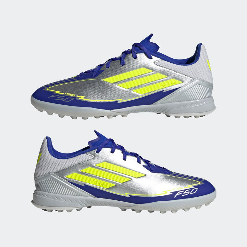 Load image into Gallery viewer, adidas F50 League Messi Turf Soccer Shoes Silver Yellow Blue
