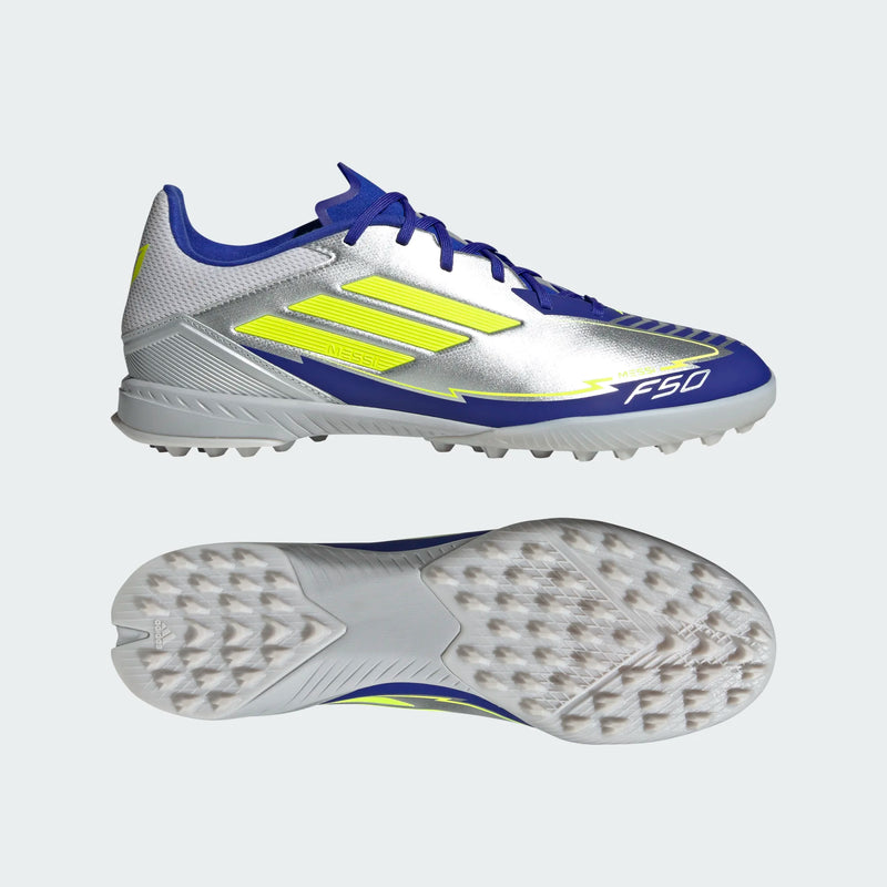 Load image into Gallery viewer, adidas F50 League Messi Turf Soccer Shoes Silver Yellow Blue
