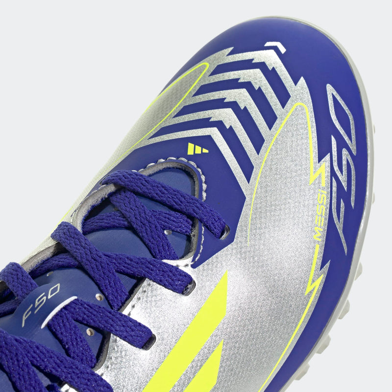 Load image into Gallery viewer, adidas F50 Club TF Soccer Shoes Youth Messi Silver Blue Yellow

