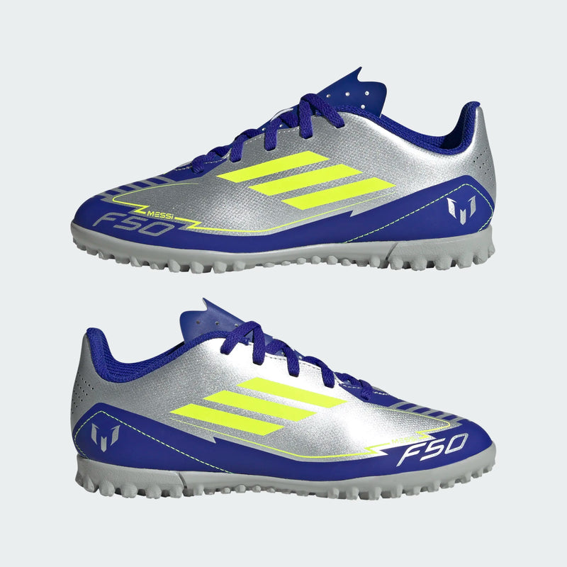 Load image into Gallery viewer, adidas F50 Club TF Soccer Shoes Youth Messi Silver Blue Yellow

