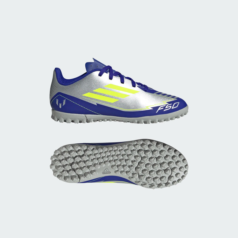 Load image into Gallery viewer, adidas F50 Club TF Soccer Shoes Youth Messi Silver Blue Yellow
