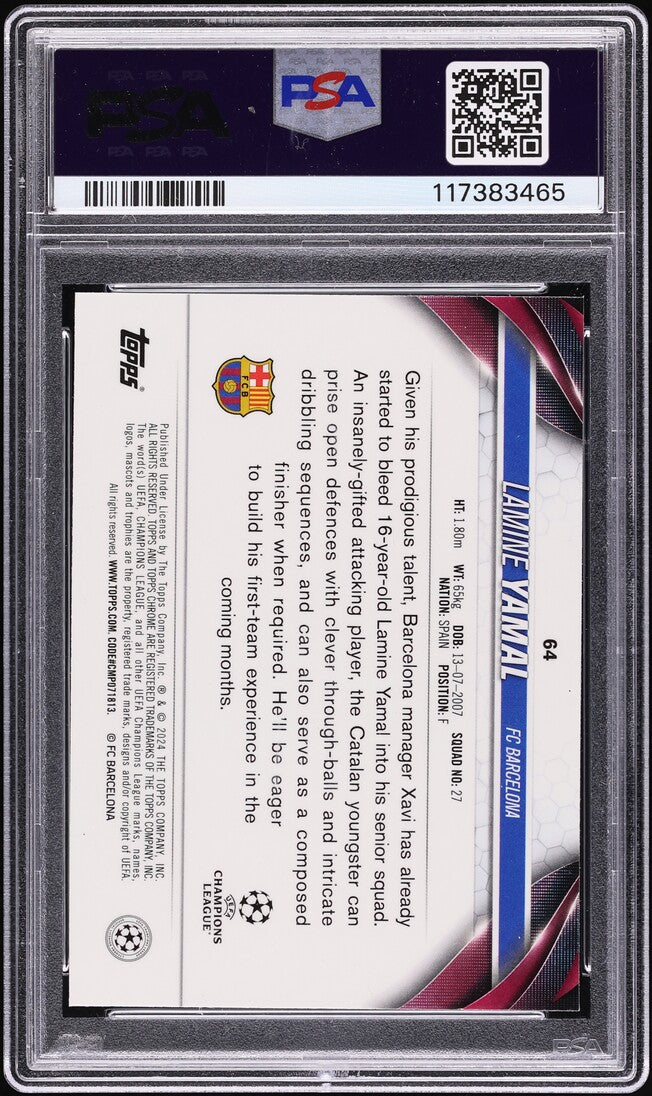 Load image into Gallery viewer, 2023 Topps Chrome UEFA Club Competitions Lamine Yamal ROOKIE #64 PSA 7 NRMT
