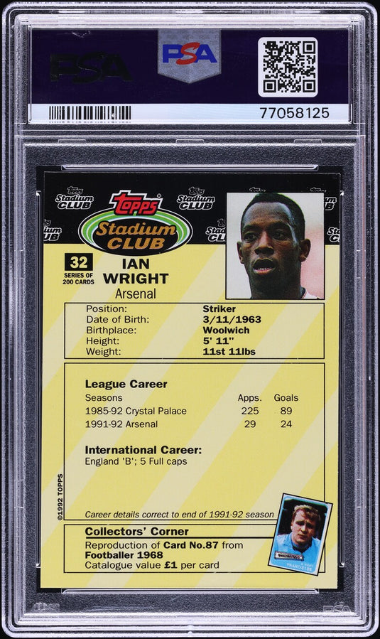 1992 Stadium Club Soccer Ian Wright Arsenal #32 PSA 7 NRMT