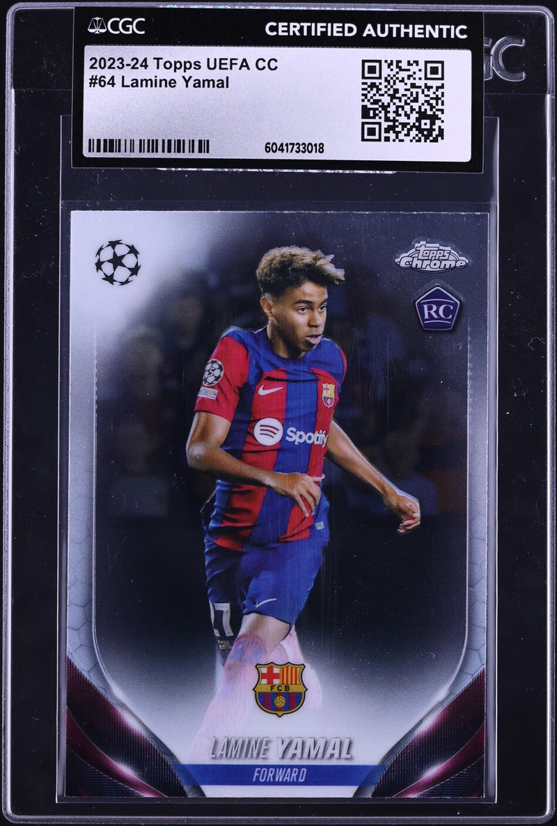 Load image into Gallery viewer, 2023 Topps Chrome UEFA Club Competitions Lamine Yamal ROOKIE #64 CGC AUTH
