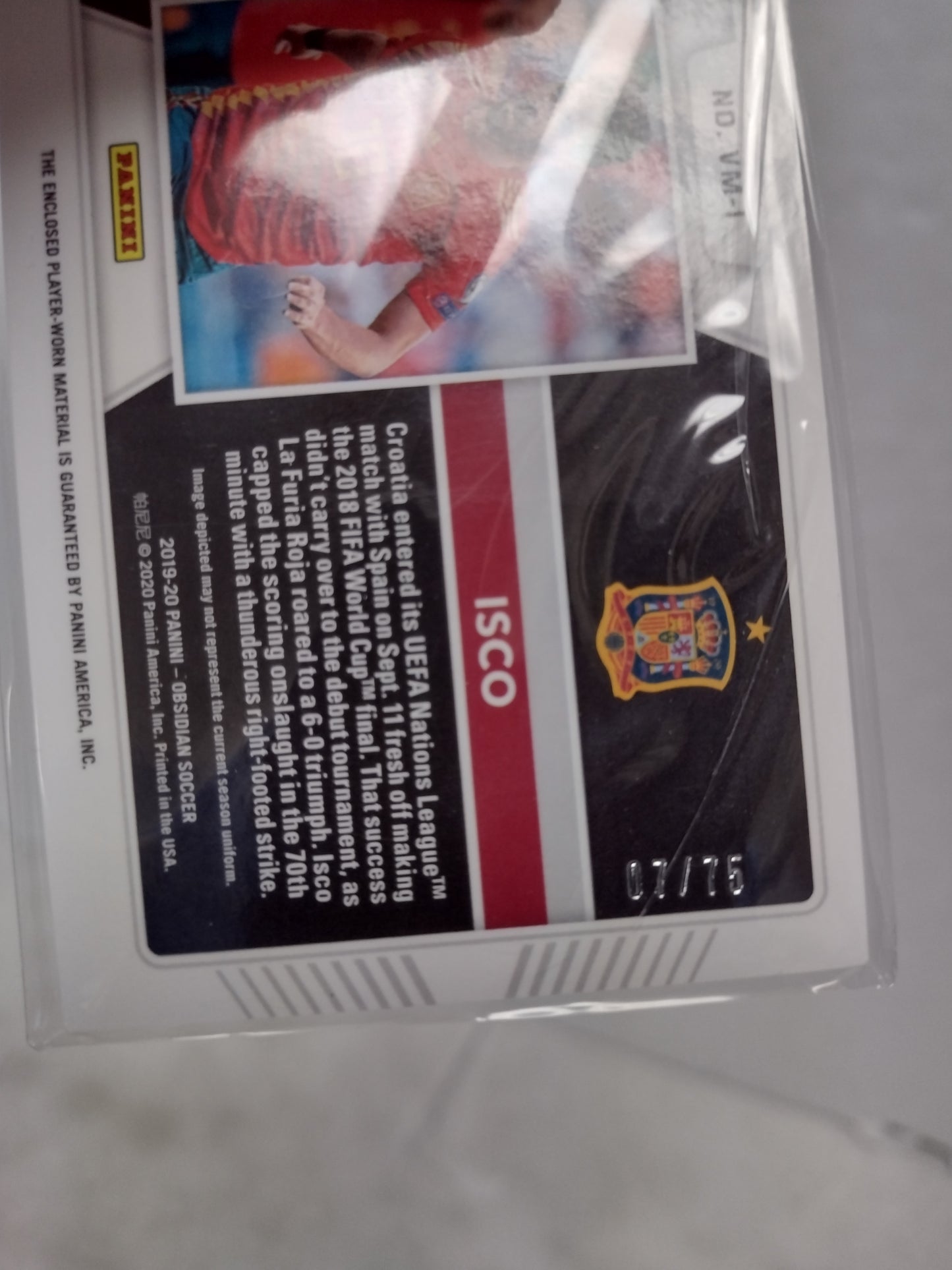 Isco Spain Panini 19/20 Obsidian Soccer Player Worn numbered 07/75
