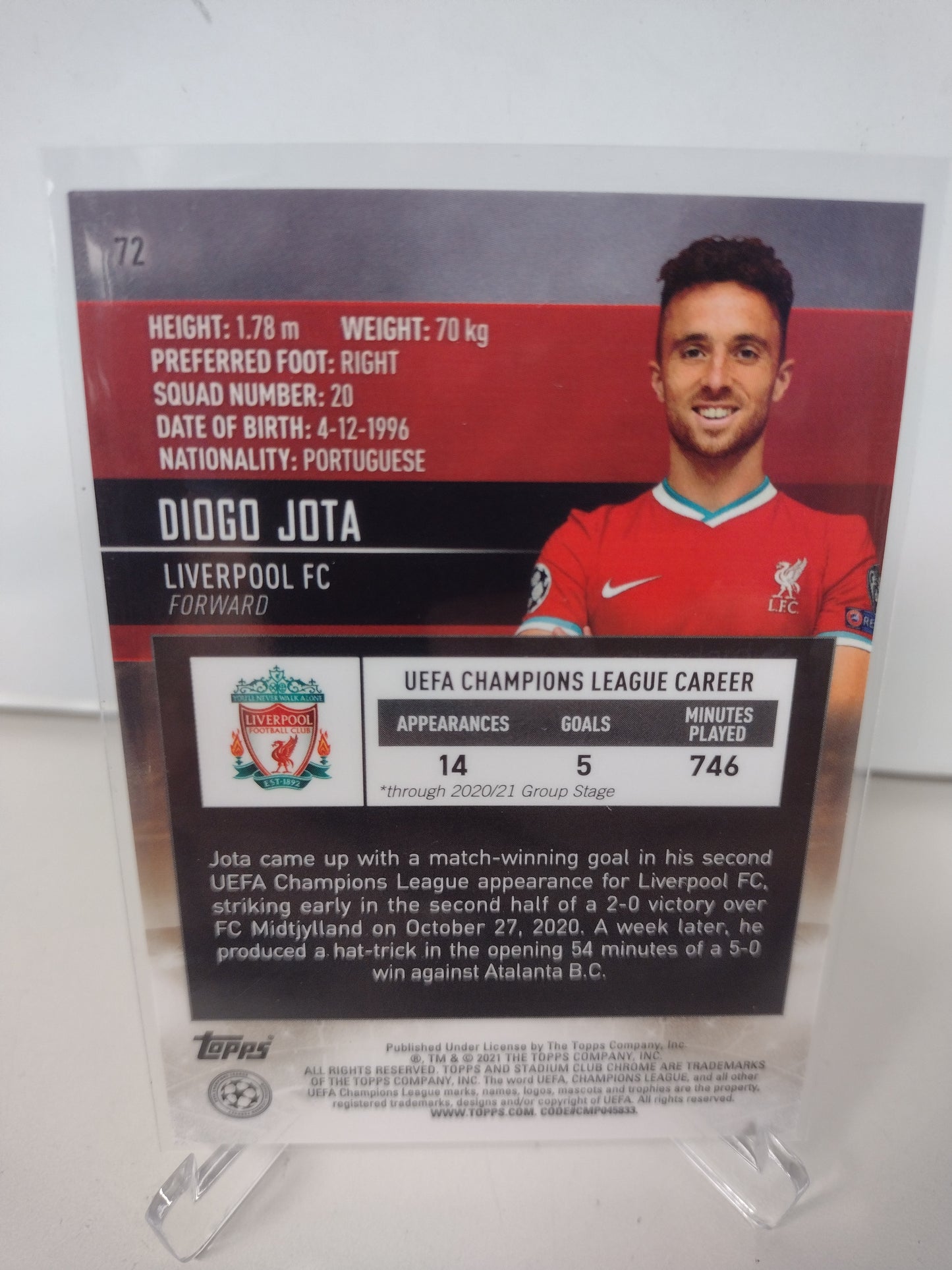 Diogo Jota Liverpool Topps Stadium Club Chrome 2020-21 UEFA Card #72