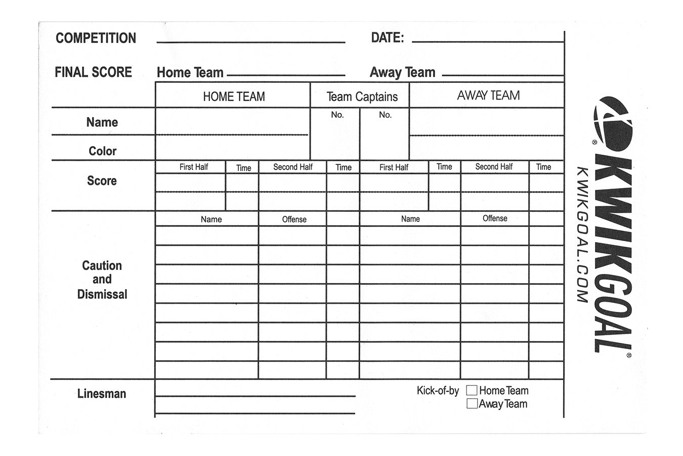 KwikGoal Soccer Referee Score Sheet